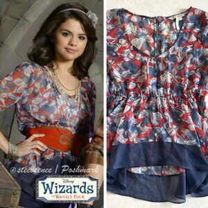 Red and Navy Sheer Floral Blouse ASO Alex Russo